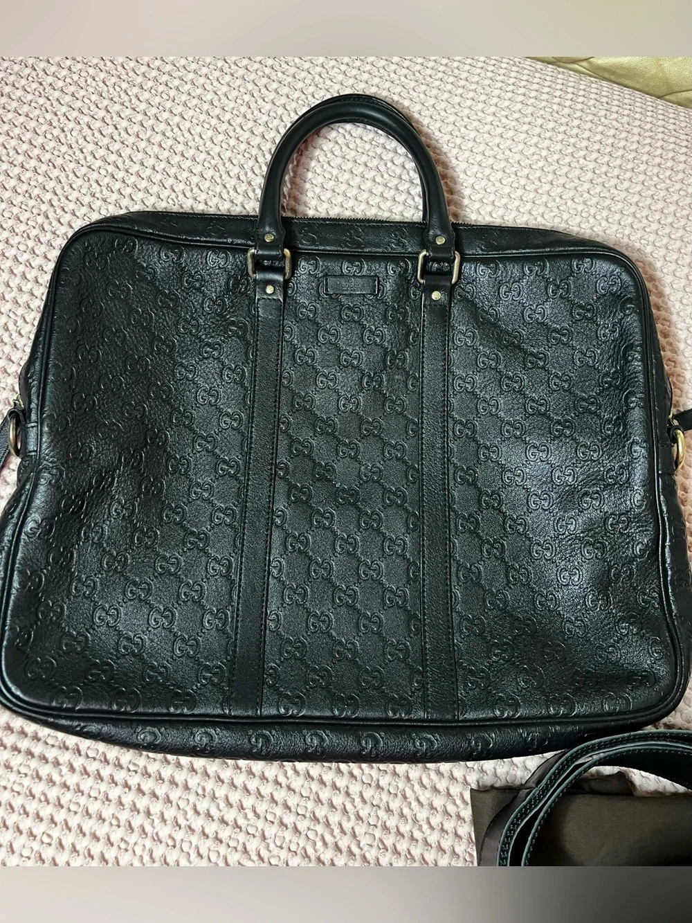 Gucci Black GG Monogram Leather Briefcase Case Bag + Entrupy COA & Dustbag